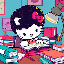 Pixel art of Hello Kitty with an afro hairstyle, deeply engrossed in studying