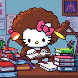 Pixel art of Hello Kitty with an afro hairstyle, deeply engrossed in studying