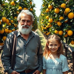 A distinguished older man with a gray beard standing next to a young girl in a lush orchard