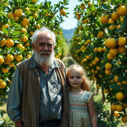 A distinguished older man with a gray beard standing next to a young girl in a lush orchard