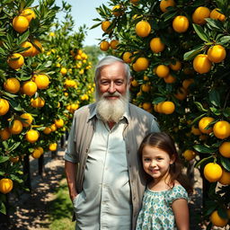 A distinguished older man with a gray beard standing next to a young girl in a lush orchard