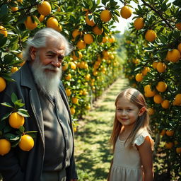 A distinguished older man with a gray beard standing next to a young girl in a lush orchard