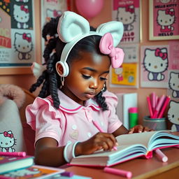 A black girl with a Hello Kitty theme, featuring white ears and a white tail, deeply focused while studying in a cozy environment