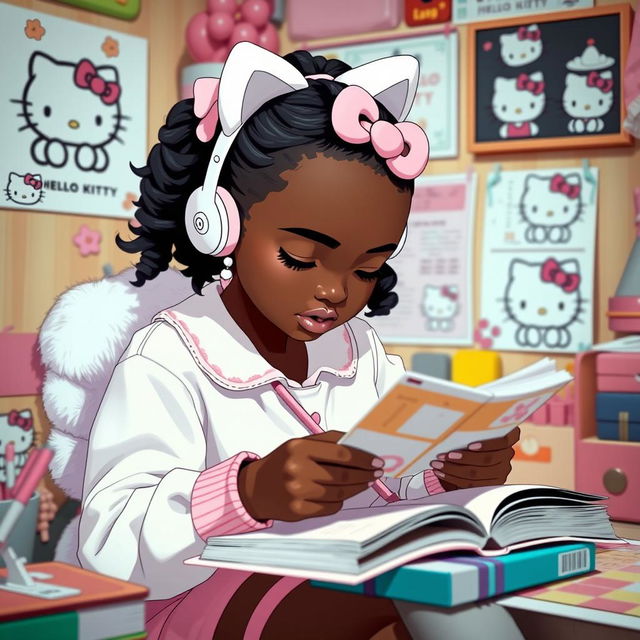 A black girl with a Hello Kitty theme, featuring white ears and a white tail, deeply focused while studying in a cozy environment