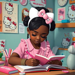 A black girl with a Hello Kitty theme, featuring white ears and a white tail, deeply focused while studying in a cozy environment