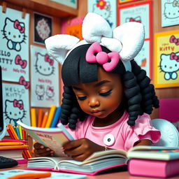 A black girl with a Hello Kitty theme, featuring white ears and a white tail, deeply focused while studying in a cozy environment