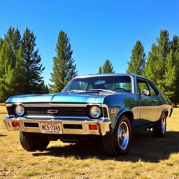 A classic 1969 Chevrolet Chevy Nova parked under a clear blue sky