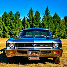 A classic 1969 Chevrolet Chevy Nova parked under a clear blue sky