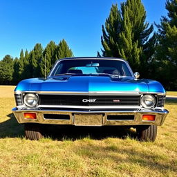 A classic 1969 Chevrolet Chevy Nova parked under a clear blue sky