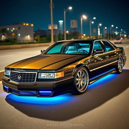 A custom-tuned Cadillac Seville, featuring a metallic black paint job with neon blue underglow lighting accentuating the sleek lines of the car