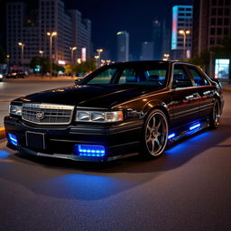 A custom-tuned Cadillac Seville, featuring a metallic black paint job with neon blue underglow lighting accentuating the sleek lines of the car