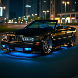 A custom-tuned Cadillac Seville, featuring a metallic black paint job with neon blue underglow lighting accentuating the sleek lines of the car