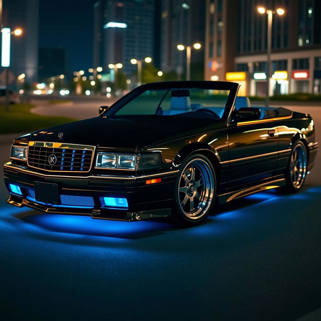 A custom-tuned Cadillac Seville, featuring a metallic black paint job with neon blue underglow lighting accentuating the sleek lines of the car
