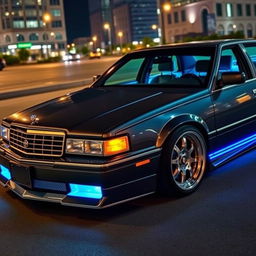 A custom-tuned Cadillac Seville, featuring a metallic black paint job with neon blue underglow lighting accentuating the sleek lines of the car