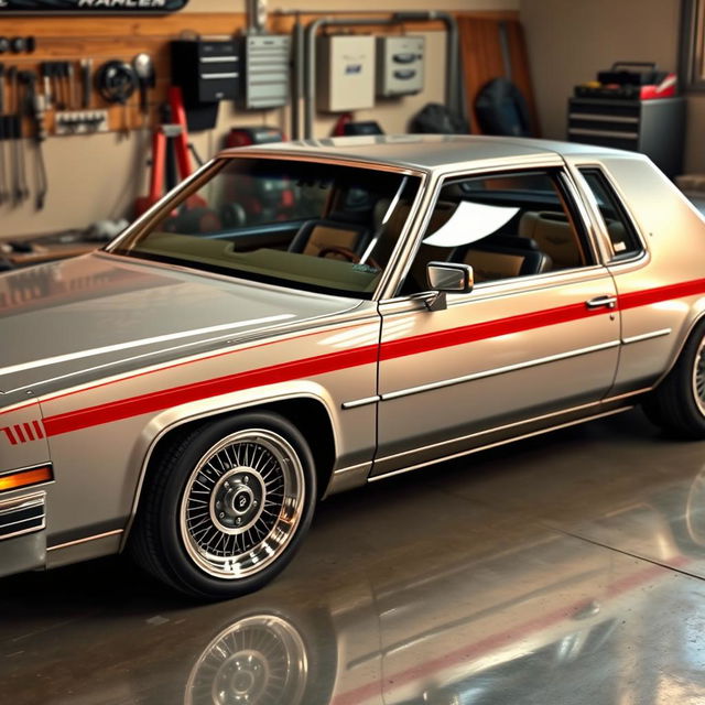 A beautifully tuned 1980 Cadillac with a sleek silver finish and bright red racing stripes running along the sides