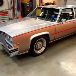 A beautifully tuned 1980 Cadillac with a sleek silver finish and bright red racing stripes running along the sides