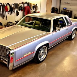 A beautifully tuned 1980 Cadillac with a sleek silver finish and bright red racing stripes running along the sides