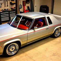 A beautifully tuned 1980 Cadillac with a sleek silver finish and bright red racing stripes running along the sides