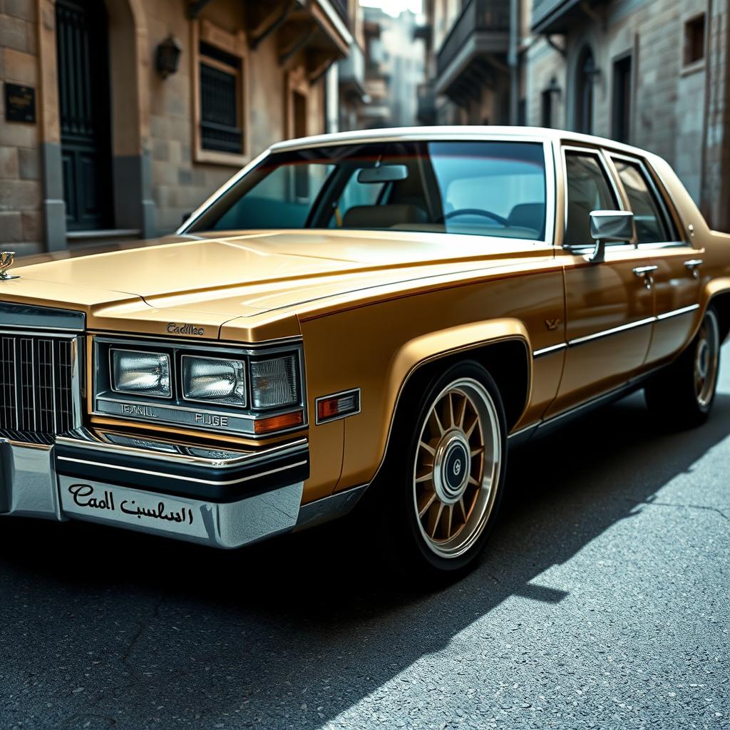 A 1980 Cadillac uniquely tuned with influences from Iranian culture, featuring an elegant gold finish adorned with intricate Persian motifs along the sides