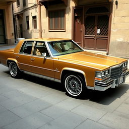 A 1980 Cadillac uniquely tuned with influences from Iranian culture, featuring an elegant gold finish adorned with intricate Persian motifs along the sides