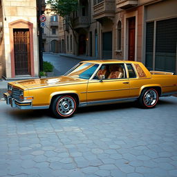 A 1980 Cadillac uniquely tuned with influences from Iranian culture, featuring an elegant gold finish adorned with intricate Persian motifs along the sides