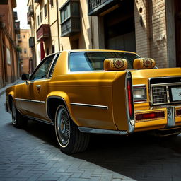 A 1980 Cadillac uniquely tuned with influences from Iranian culture, featuring an elegant gold finish adorned with intricate Persian motifs along the sides