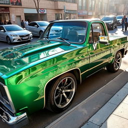 A 1980 Chevrolet Chevy, expertly tuned with Persian cultural influences, showcasing a captivating emerald green finish with intricate Persian patterns running along the body