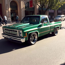 A 1980 Chevrolet Chevy, expertly tuned with Persian cultural influences, showcasing a captivating emerald green finish with intricate Persian patterns running along the body