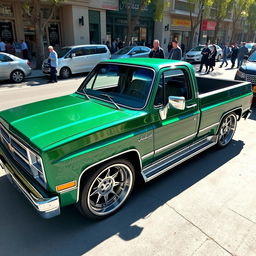 A 1980 Chevrolet Chevy, expertly tuned with Persian cultural influences, showcasing a captivating emerald green finish with intricate Persian patterns running along the body