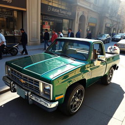 A 1980 Chevrolet Chevy, expertly tuned with Persian cultural influences, showcasing a captivating emerald green finish with intricate Persian patterns running along the body