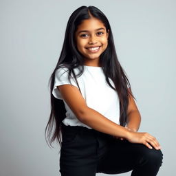 A beautiful young Indian girl with a radiant smile poses as a model