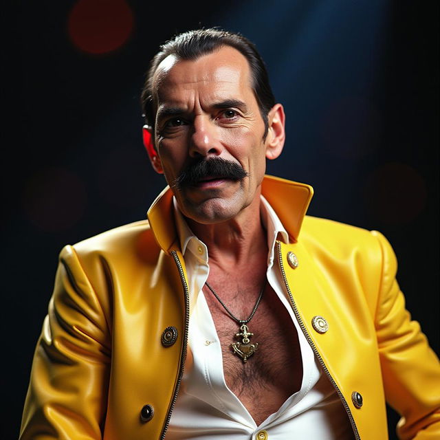 portrait of an elderly Freddie Mercury featuring distinctive stage presence and vibrant charisma, capturing the essence of the legendary Queen frontman with his iconic mustache, expressive eyes, and flamboyant style, while incorporating elements that reflect his energetic performances and musical legacy