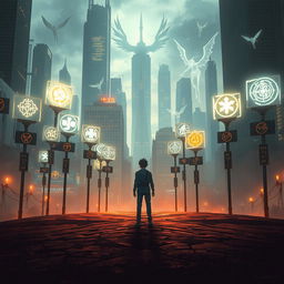 A lone protagonist stands at a crossroads in a modern world infused with fantasy elements