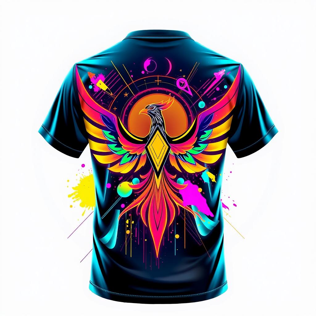 Futuristic t-shirt design featuring a vibrant blend of neon colors, geometric shapes, and abstract patterns