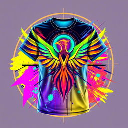 Futuristic t-shirt design featuring a vibrant blend of neon colors, geometric shapes, and abstract patterns