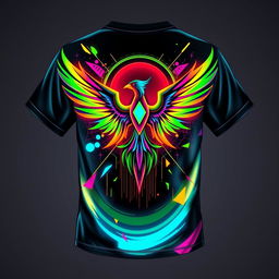 Futuristic t-shirt design featuring a vibrant blend of neon colors, geometric shapes, and abstract patterns