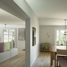 A spacious, well-lit living room with two doors leading to separate rooms, adjacent to an open-concept, modern kitchen.