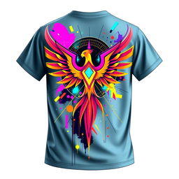 Futuristic t-shirt design featuring a vibrant blend of neon colors, geometric shapes, and abstract patterns