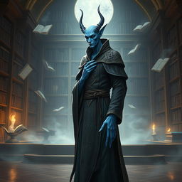 A Vedalken character from a fantastical universe, depicting a tall and slender humanoid with blue skin, elongated fingers, and a contemplative expression