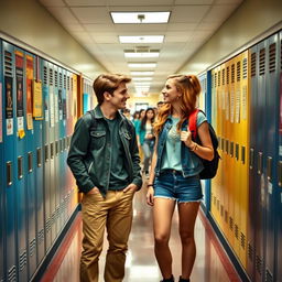 A high school hallway bustling with students captures the essence of teenage life, featuring Jake Carter, the popular and charming star quarterback, and Zoe Mitchell, a quirky new girl known for her witty comebacks