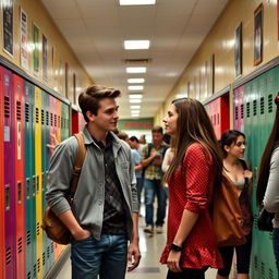 A high school hallway bustling with students captures the essence of teenage life, featuring Jake Carter, the popular and charming star quarterback, and Zoe Mitchell, a quirky new girl known for her witty comebacks