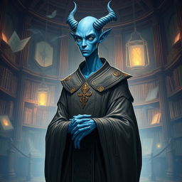 A bald, lawful neutral Vedalken character from a fantastical universe, depicting a tall and slender humanoid with blue skin, elongated fingers, and a contemplative expression