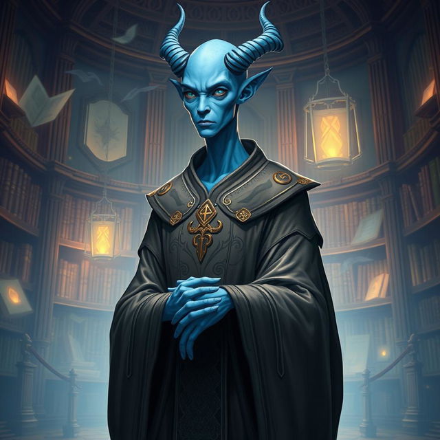 A bald, lawful neutral Vedalken character from a fantastical universe, depicting a tall and slender humanoid with blue skin, elongated fingers, and a contemplative expression