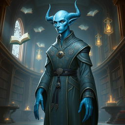 A bald, lawful neutral Vedalken character from a fantastical universe, depicting a tall and slender humanoid with blue skin, elongated fingers, and a contemplative expression