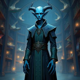 A bald, lawful neutral Vedalken character from a fantastical universe, depicting a tall and slender humanoid with blue skin, elongated fingers, and a contemplative expression