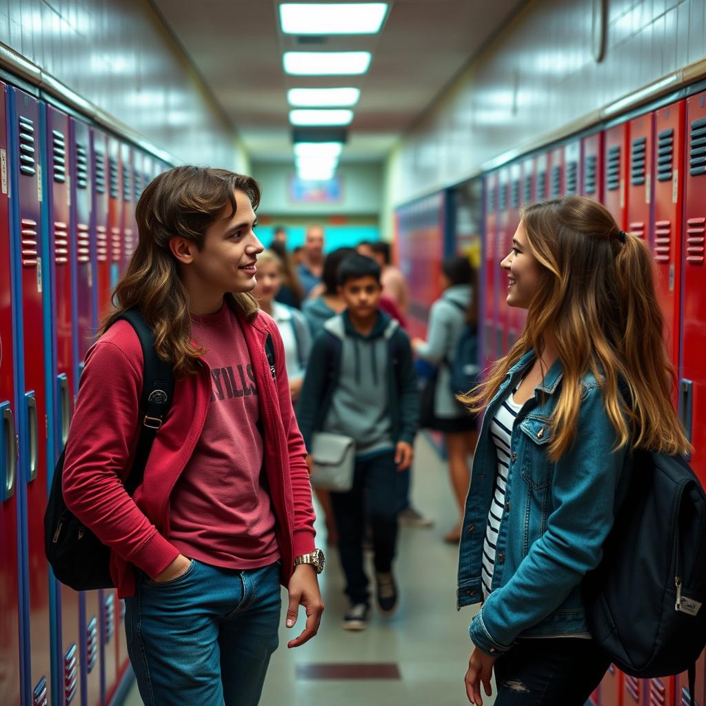 A dynamic high school scene featuring Jake Carter, the popular jock heartthrob with an athletic build and confident swagger, and Zoe Mitchell, the new girl who is pretty, smart, and irresistibly charming