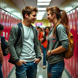 A dynamic high school scene featuring Jake Carter, the popular jock heartthrob with an athletic build and confident swagger, and Zoe Mitchell, the new girl who is pretty, smart, and irresistibly charming