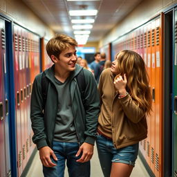 A dynamic high school scene featuring Jake Carter, the popular jock heartthrob with an athletic build and confident swagger, and Zoe Mitchell, the new girl who is pretty, smart, and irresistibly charming