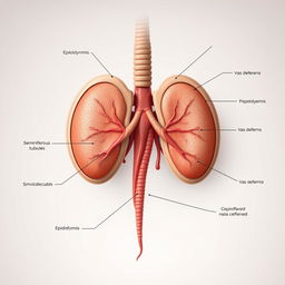 Realistic and detailed anatomical illustration of human testes, showcasing the internal and external features, including seminiferous tubules, epididymis, and vas deferens