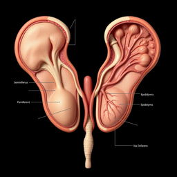 Realistic and detailed anatomical illustration of human testes, showcasing the internal and external features, including seminiferous tubules, epididymis, and vas deferens